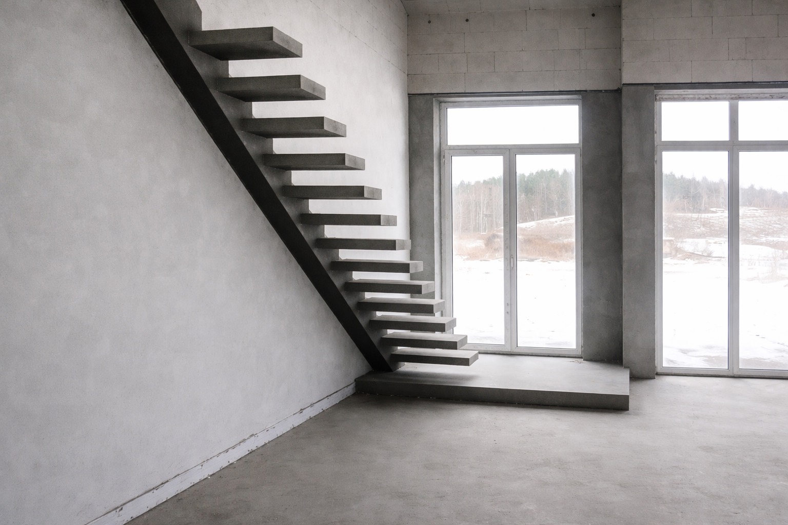 Монолитная лестница с широкой площадкой и комфортным подъемом